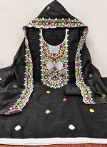 Chanderi Black Traditional Wear Embroidery Work Dress Material